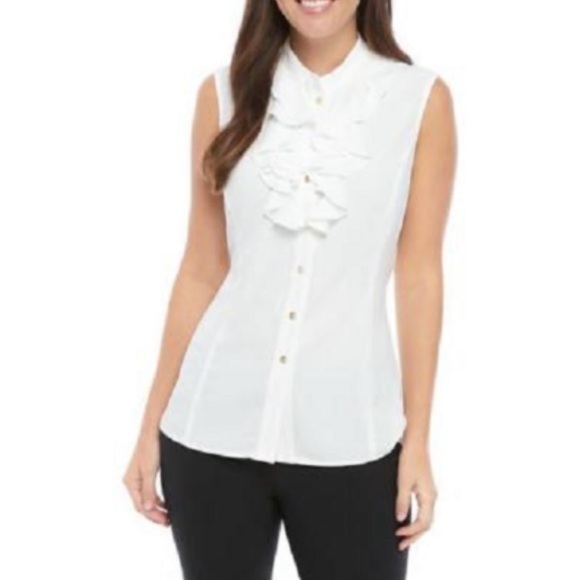 Kasper Tops - Kasper Women's Sleeveless Button-Front Ruffle Blouse in White Size 2P